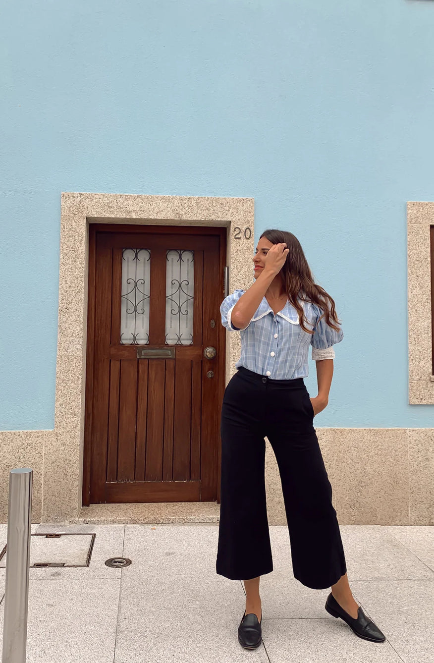Camisa azul manga balão